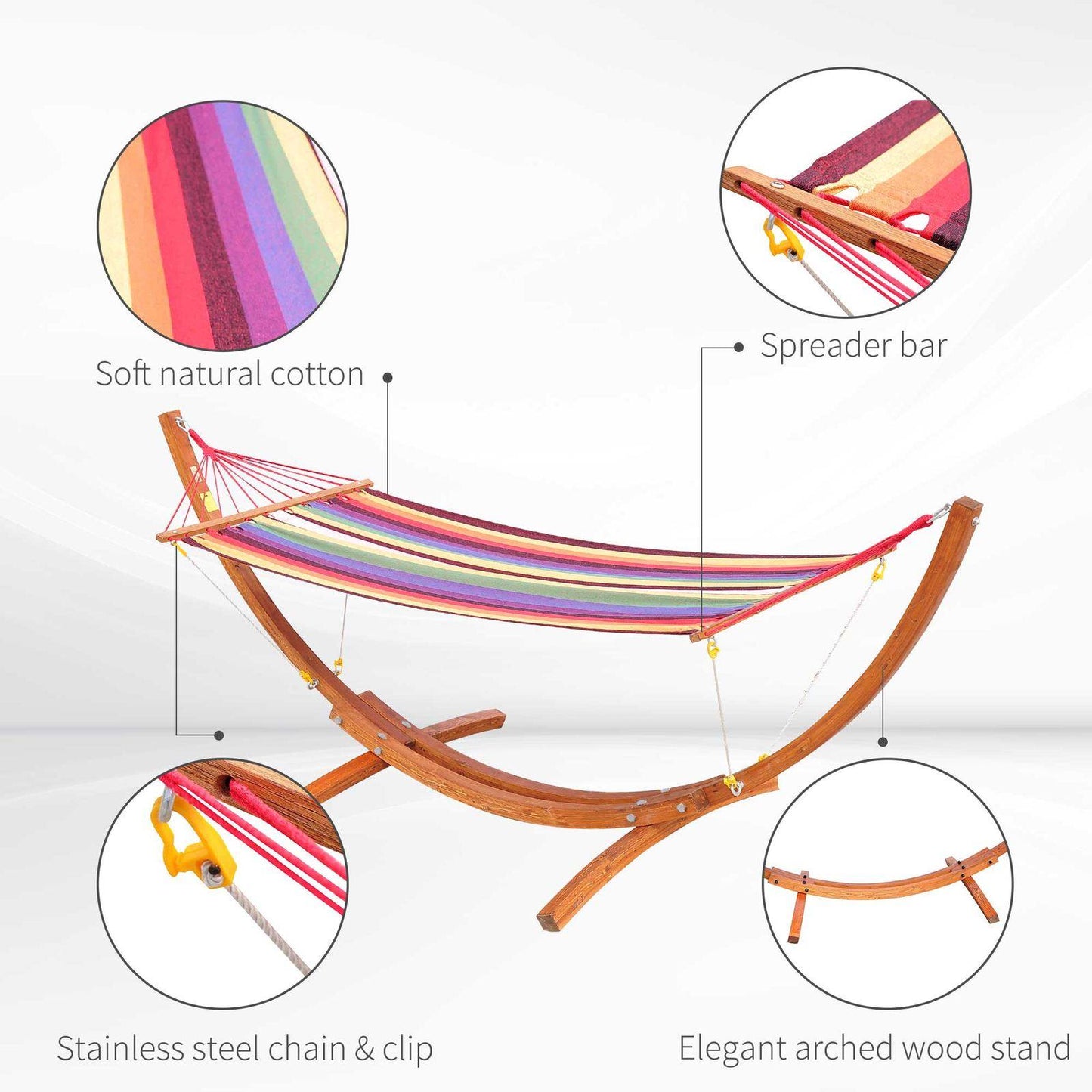 Garden Outdoor Patio Standing Frame Wooden Cotton Hammock with Arc Stand and Safe Ropes - Multi-Colour