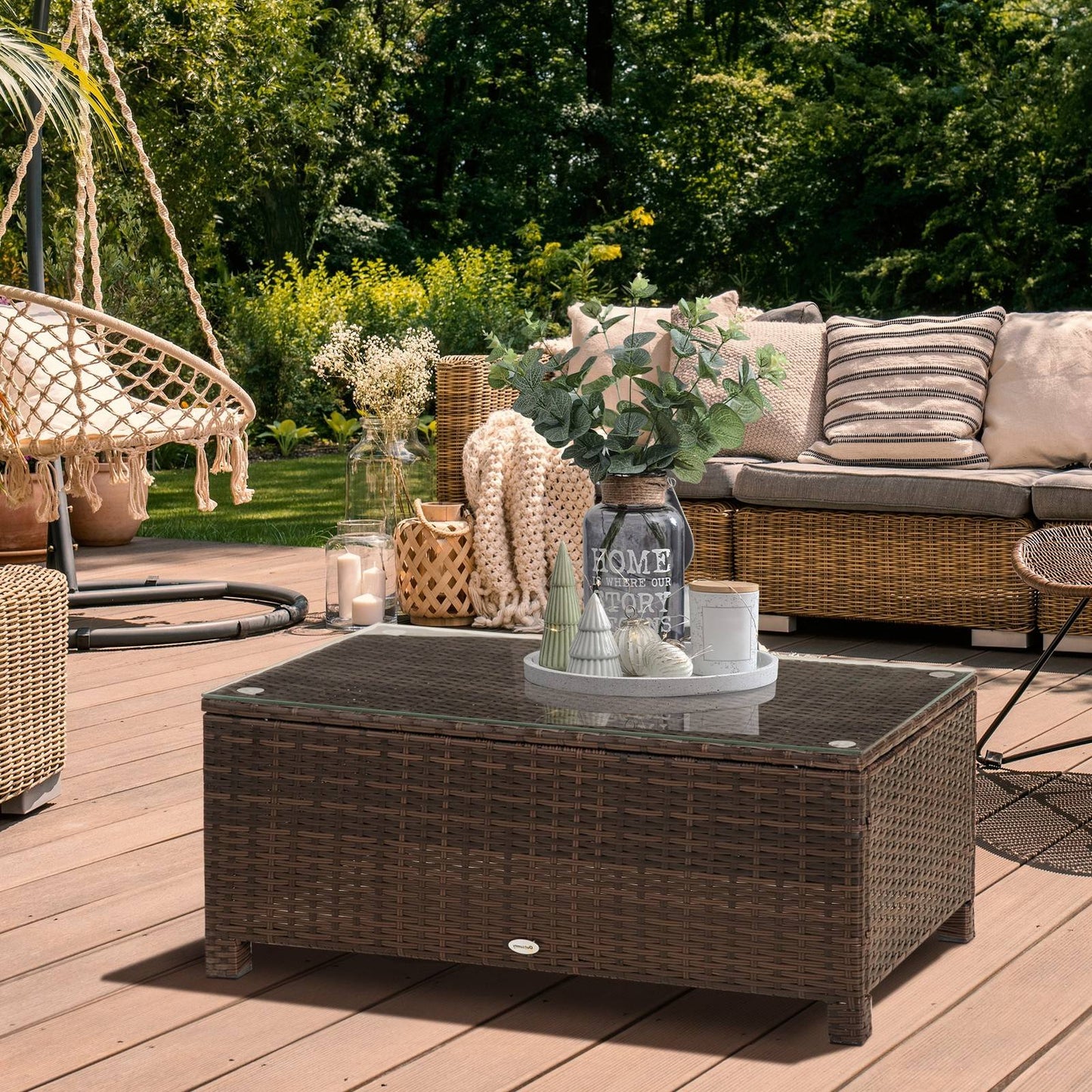 PE Rattan Garden Coffee Table with Glass Table Top - Brown