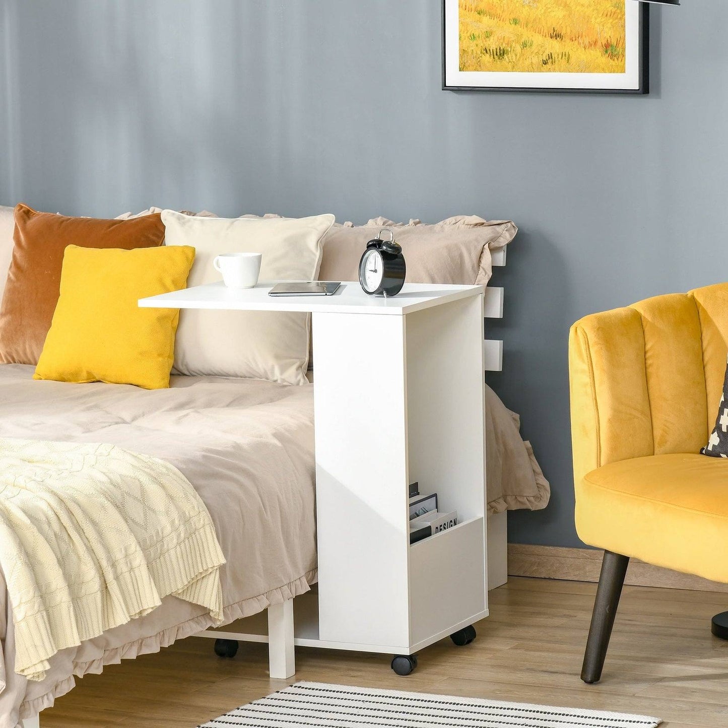 Mobile Sofa Side Table C-Shape End Table with Storage and Casters for Laptop Coffee Snack