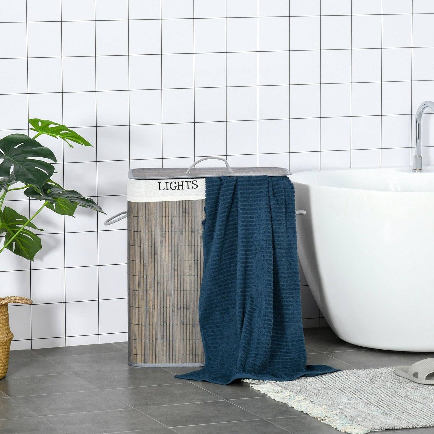 100L Two-Compartment Wooden Laundry Basket With Flip Lid And Handles ? Grey