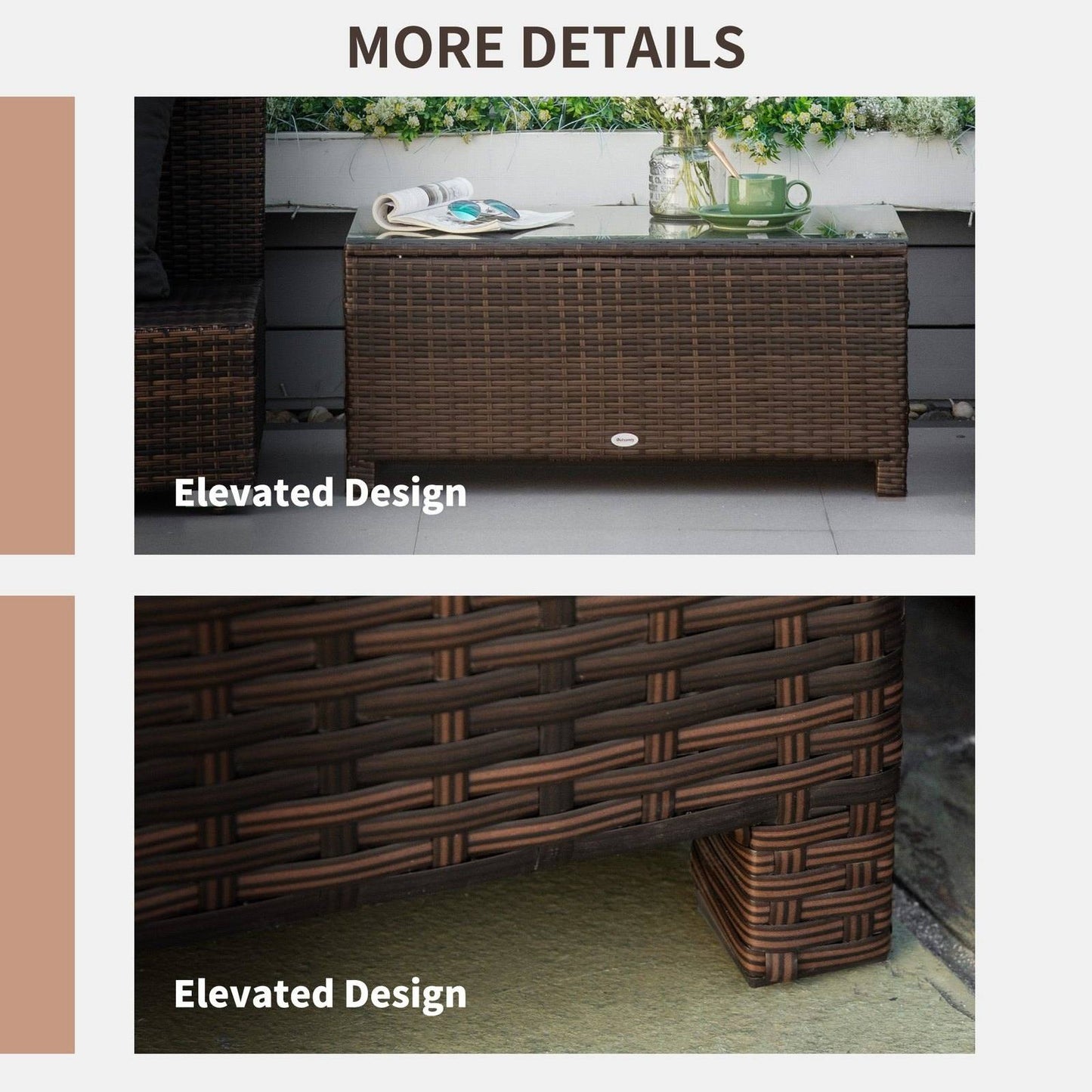 PE Rattan Garden Coffee Table with Glass Table Top - Brown