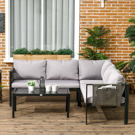 4-Piece Metal Garden Furniture Set with Tempered Glass Coffee Table