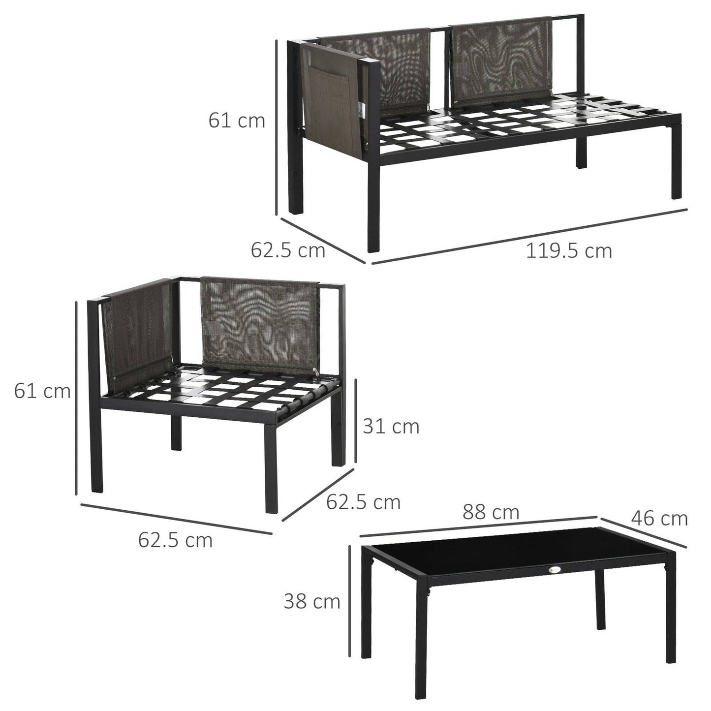 4-Piece Metal Garden Furniture Set with Tempered Glass Coffee Table