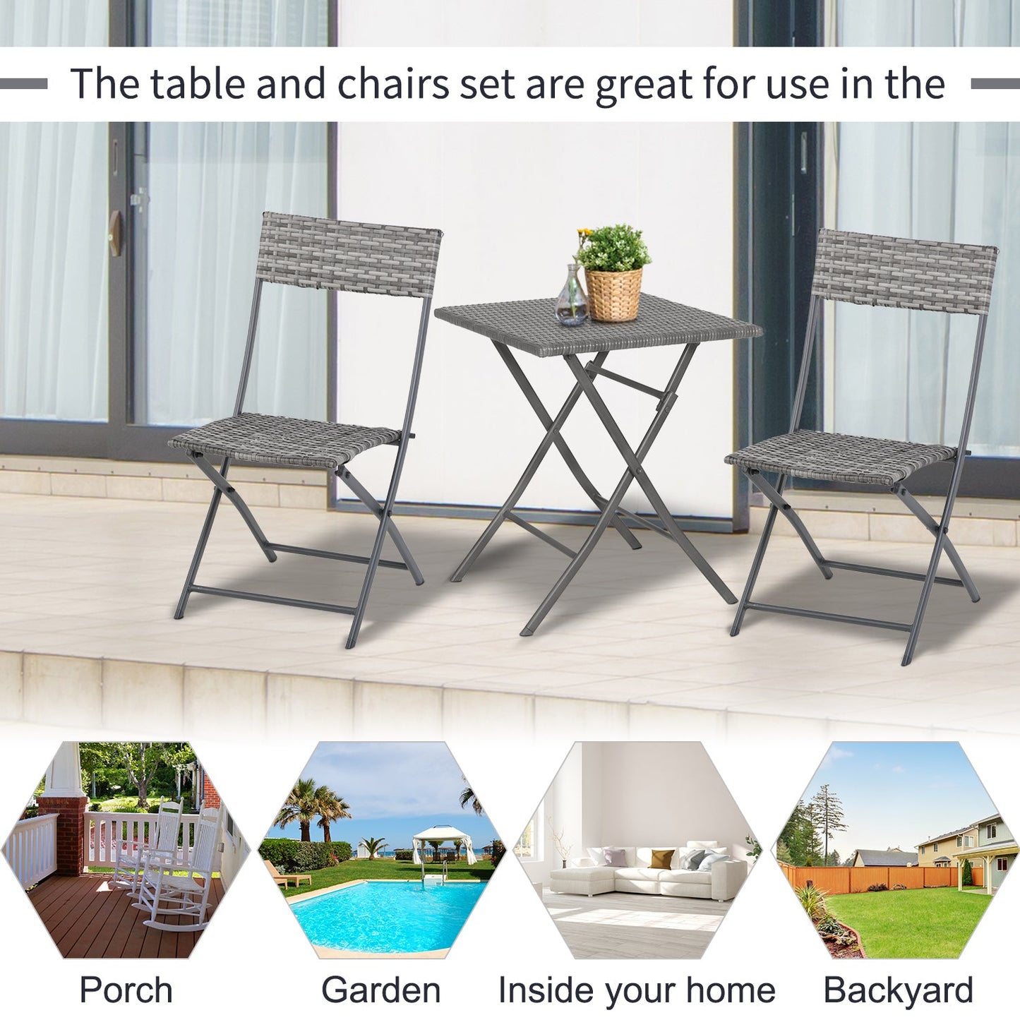 2 Seater Chair Bistro Set Garden Patio Table & Chair Black Rattan Furniture Grey