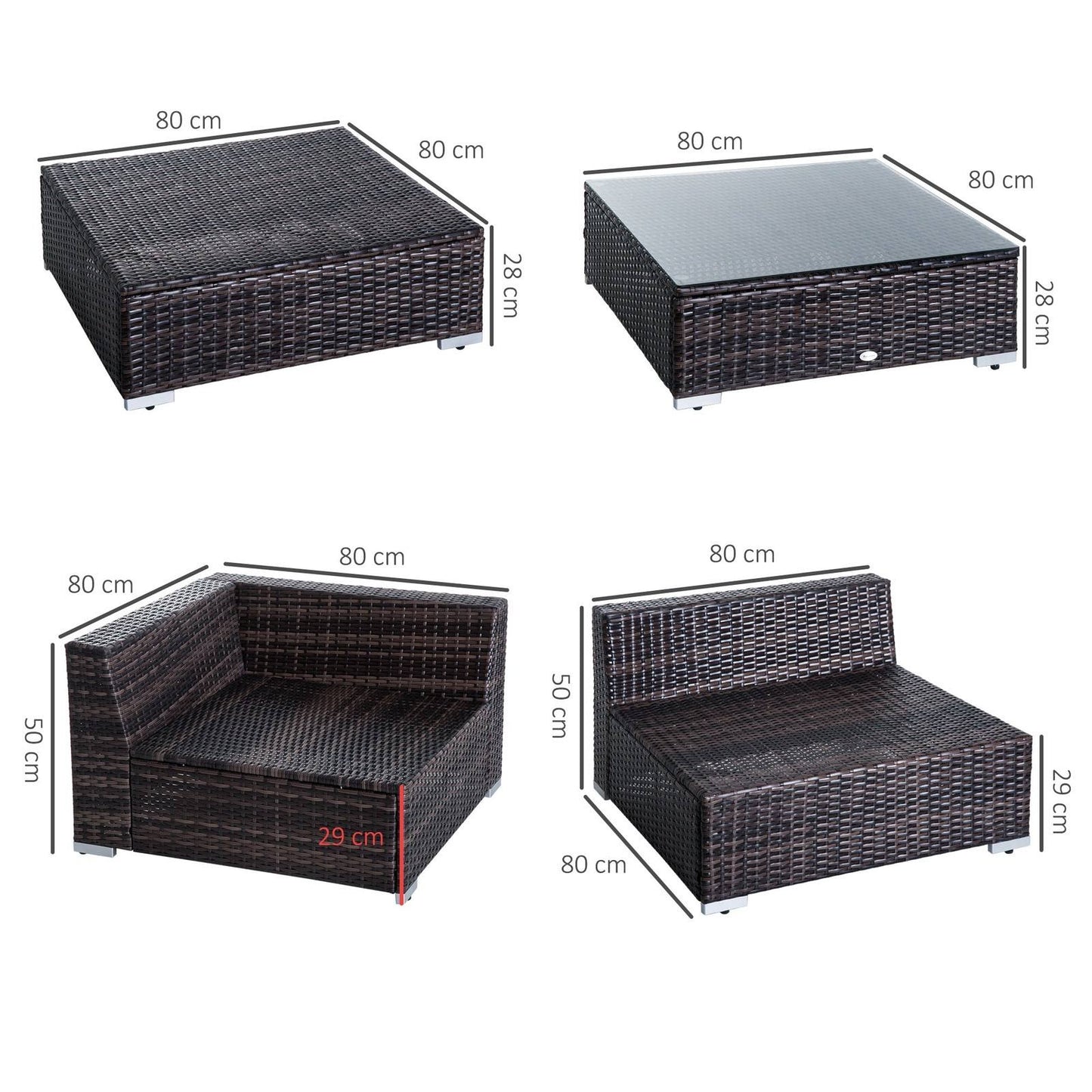 6 PC Rattan Sofa Coffee Table Set Sectional Wicker Weave Furniture for Garden Outdoor Conservatory w/ Pillow Cushion Brown