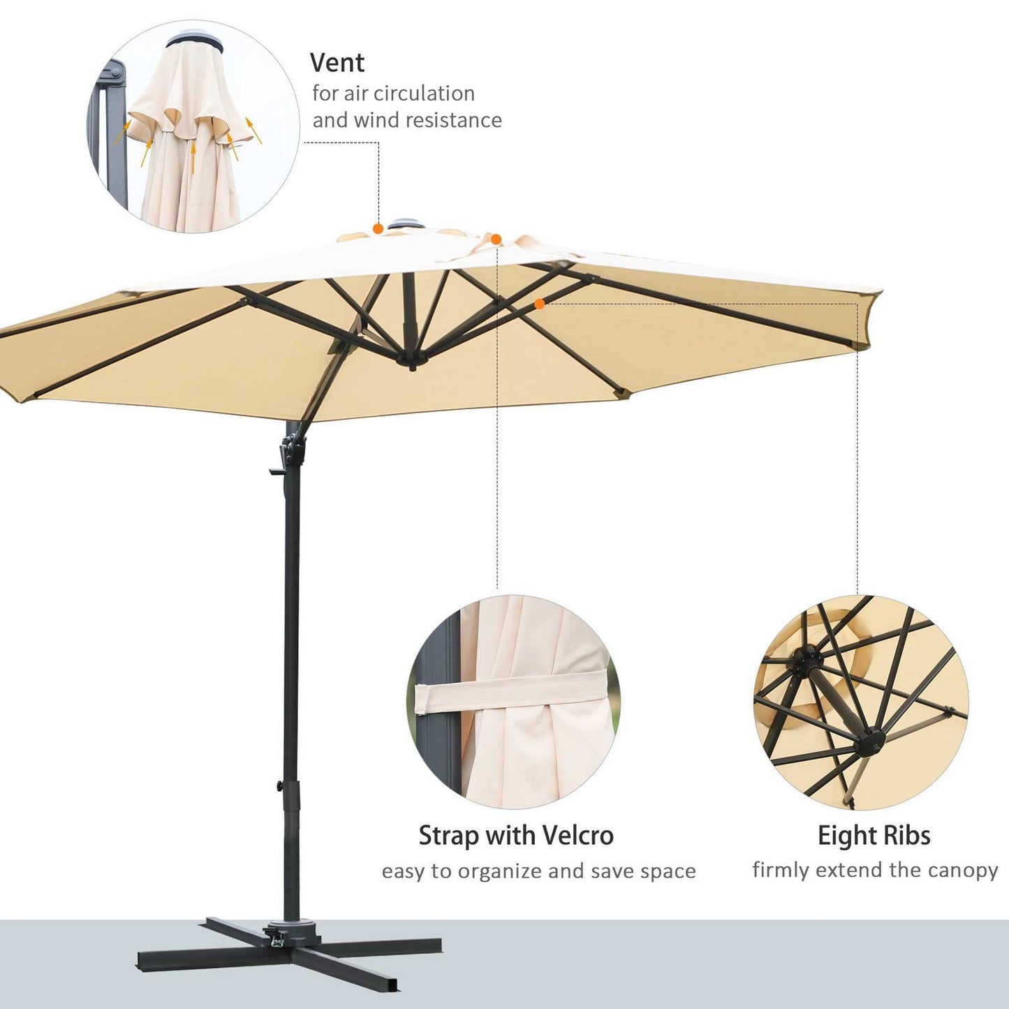 Round Umbrella Parasol W/ Tilt 360° Rotation and Hand Crank Cross Base-Beige