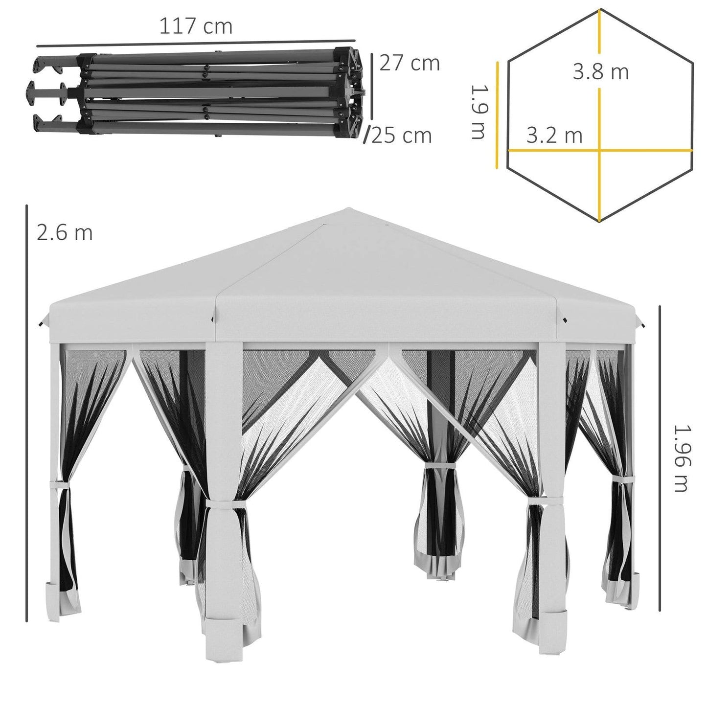 3.2m Pop Up Gazebo Hexagonal Canopy Tent Outdoor Sun Protection with Mesh Sidewalls