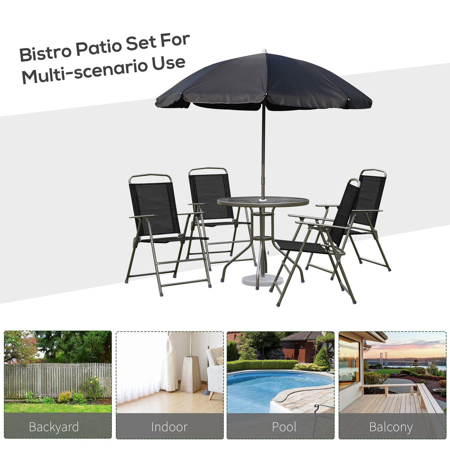 6-Piece Garden Patio Furniture Set Bistro Set Texteline Folding Chairs +Table +Parasol Black