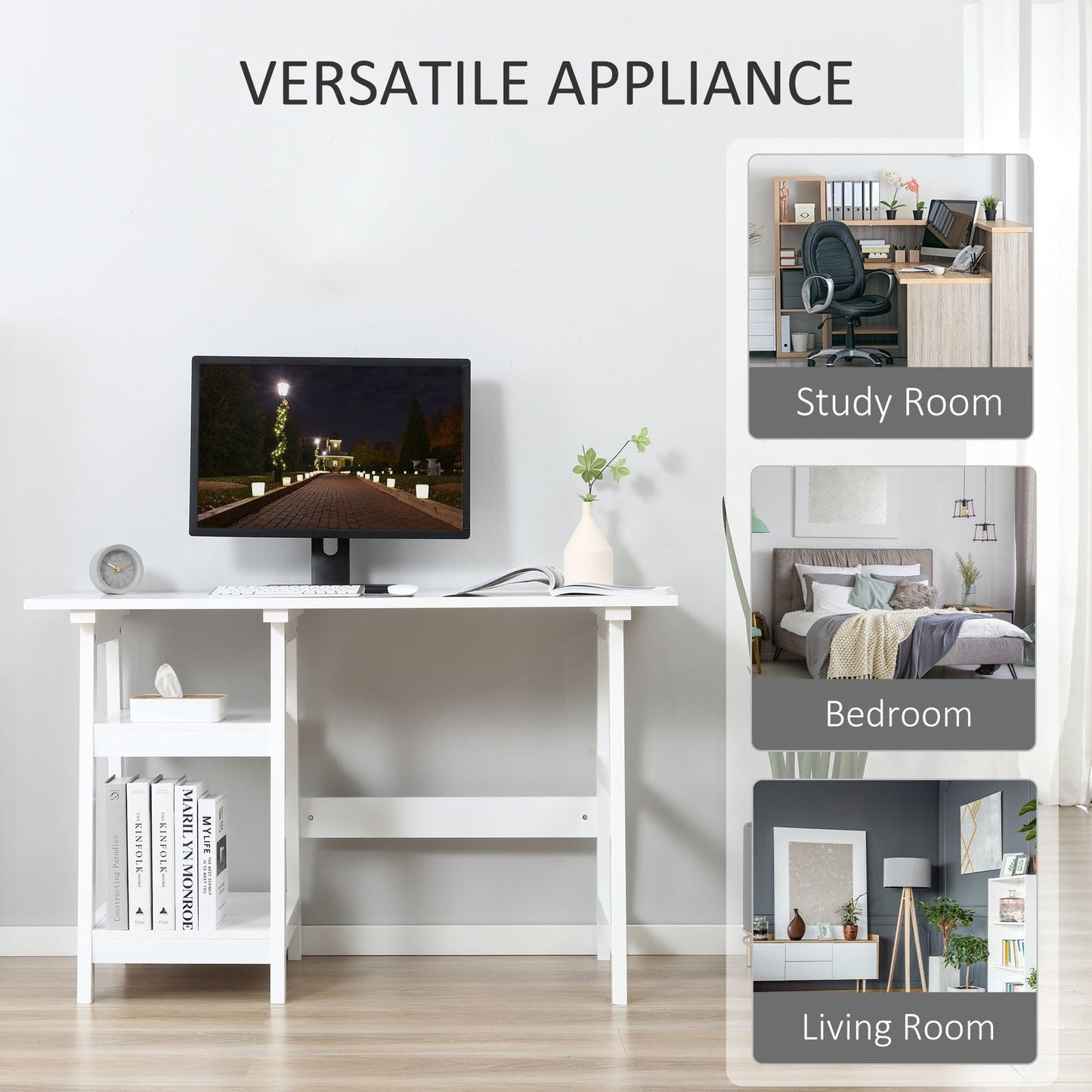 Computer Desk w/ Storage Shelf Study Table w/ bookshelf for Home Office White