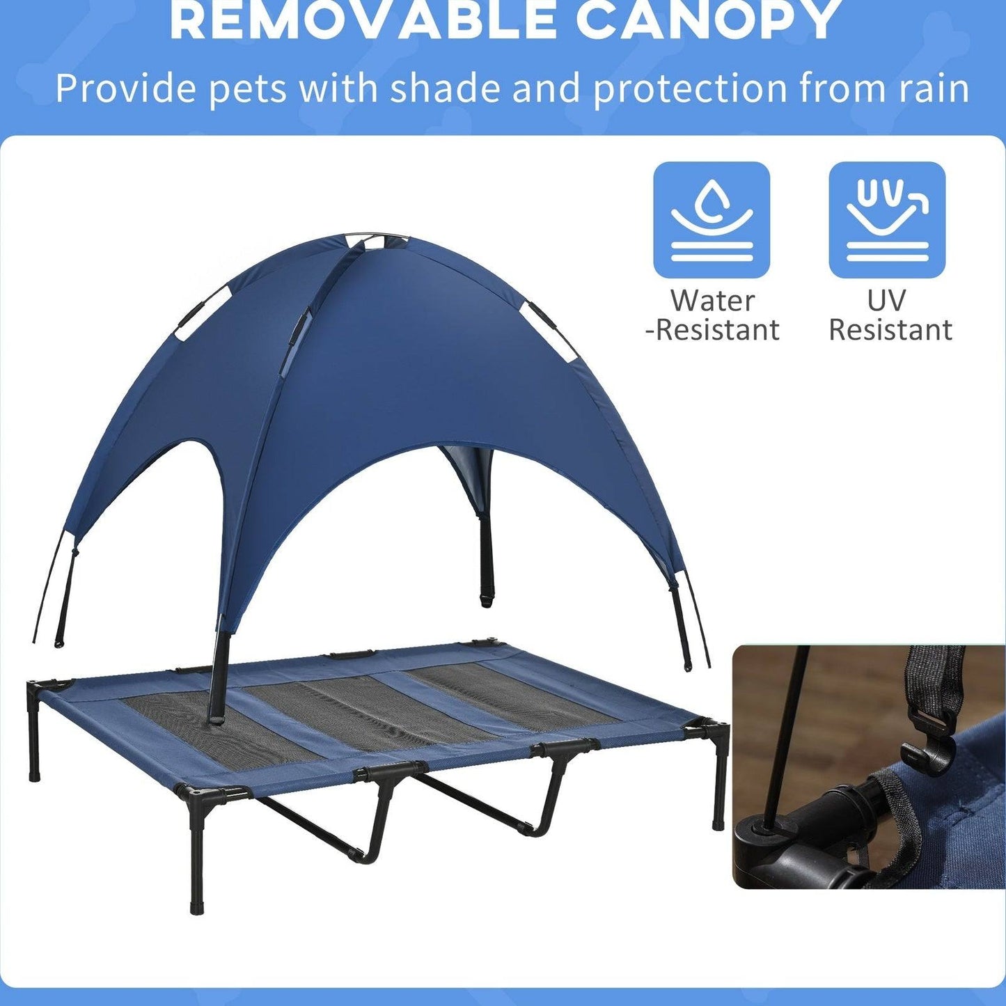 PawHut Raised Dog Bed Waterproof Elevated Pet Cot with Breathable Mesh UV Protection Canopy Blue