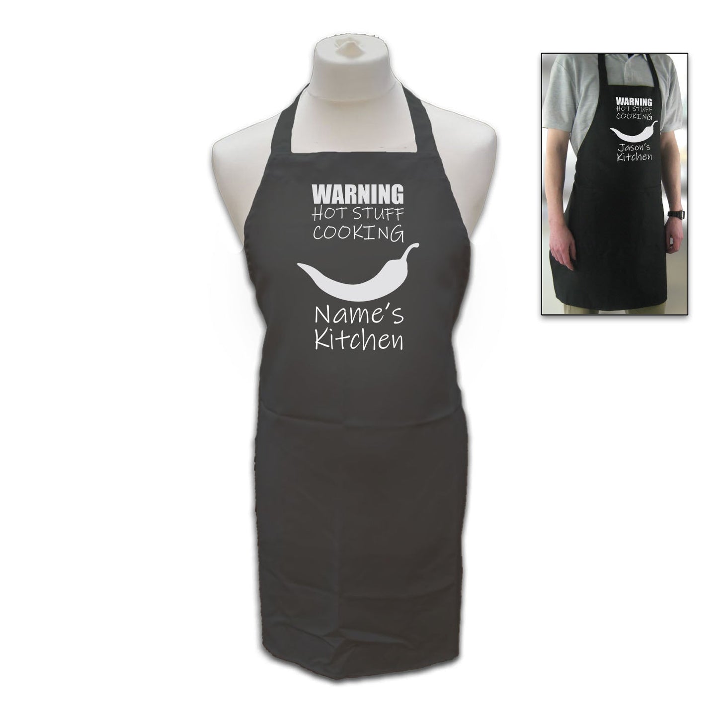Personalised Black Apron with Hot Stuff - Name's Kitchen