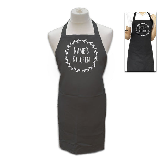 Personalised Black Apron with Name's Kitchen Wreath