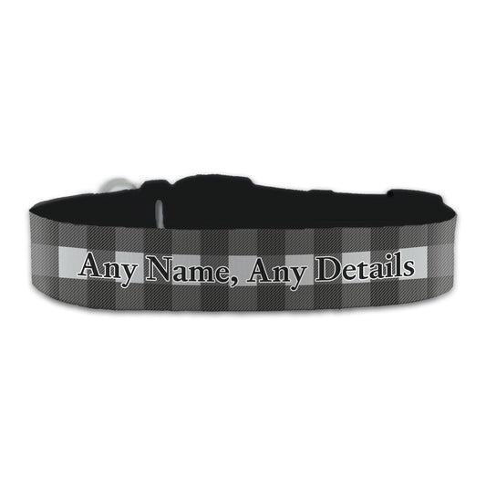 Personalised Large Dog Collar with Black Tartan Background, Personalise with Any Name or Details