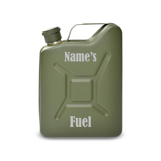 Engraved Green Jerry Can Hip Flask with Fuel Design
