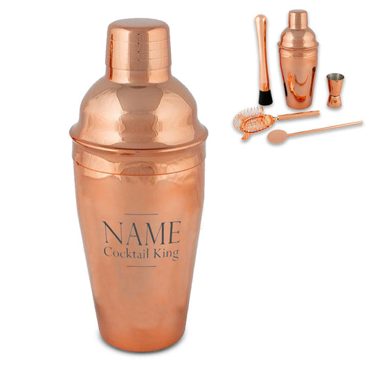 Engraved Rose Gold Cocktail Shaker Set with Cocktail King Design