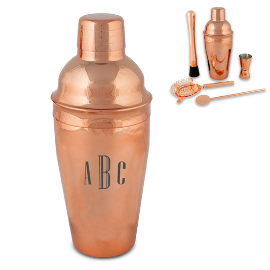 Engraved Rose Gold Cocktail Shaker Set with Triple Initials