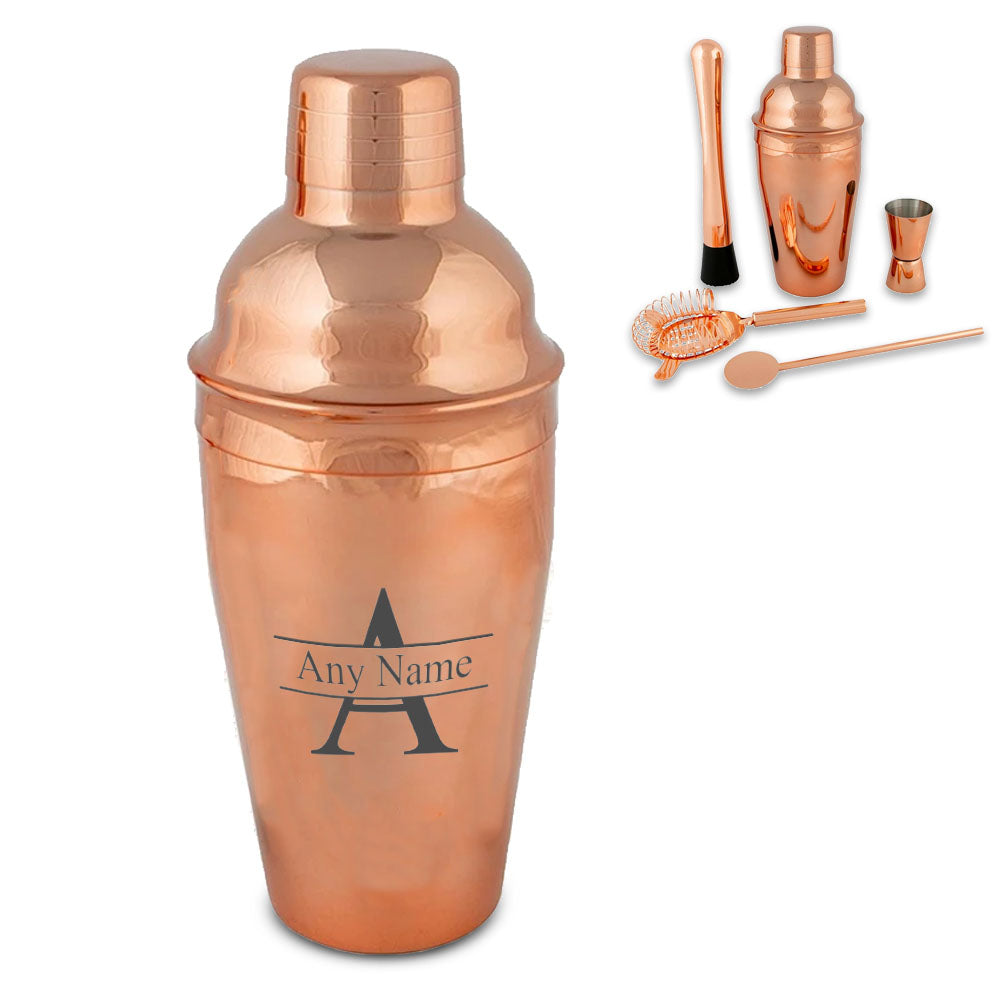 Engraved Rose Gold Cocktail Shaker Set with Initial and Name Design