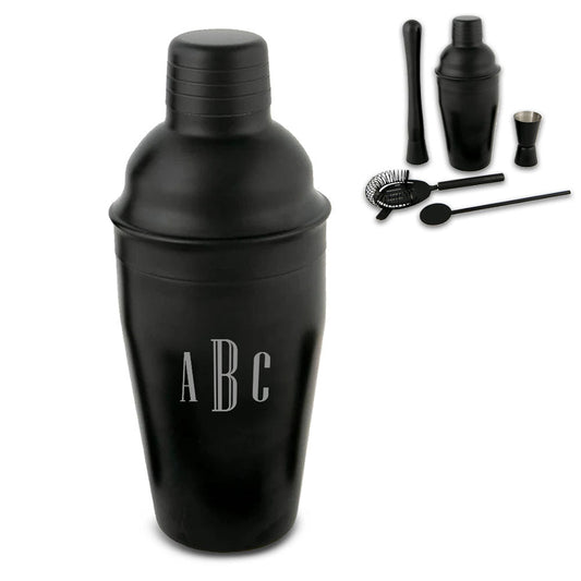 Engraved Black Cocktail Shaker Set with Triple Initials