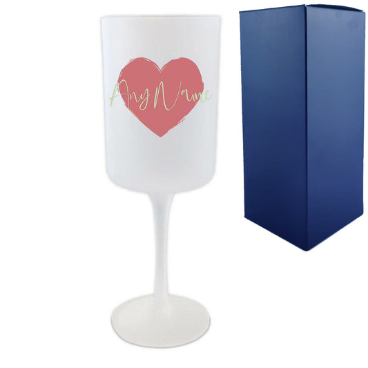 Personalised Frosted Wine Glass with Name and Heart Design