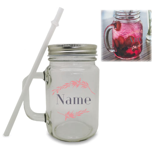 Colour Printed Mason Jar with Name and Wreath Design