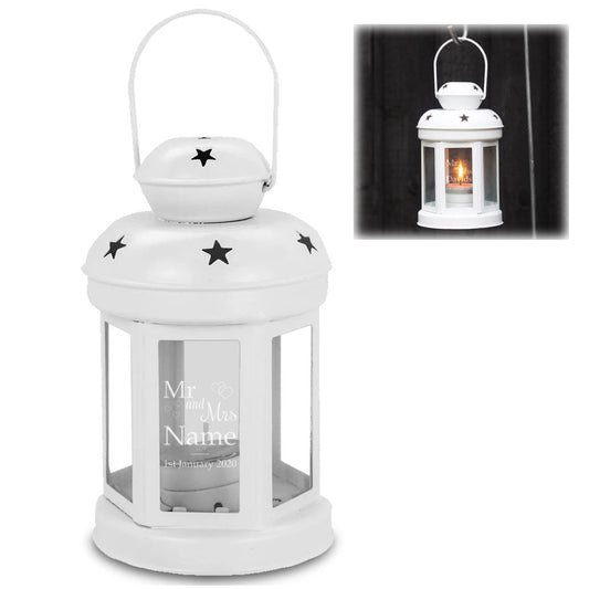 Engraved White Metal Tealight Holder with Mr and Mrs Design