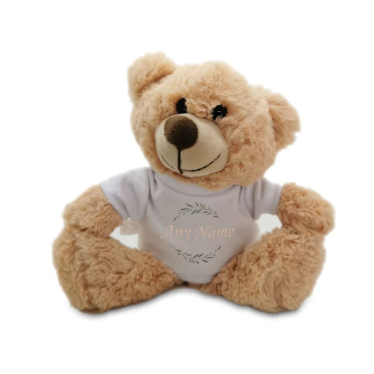 Soft Light Brown Teddy Bear Toy with T-shirt with Name and Wreath Design