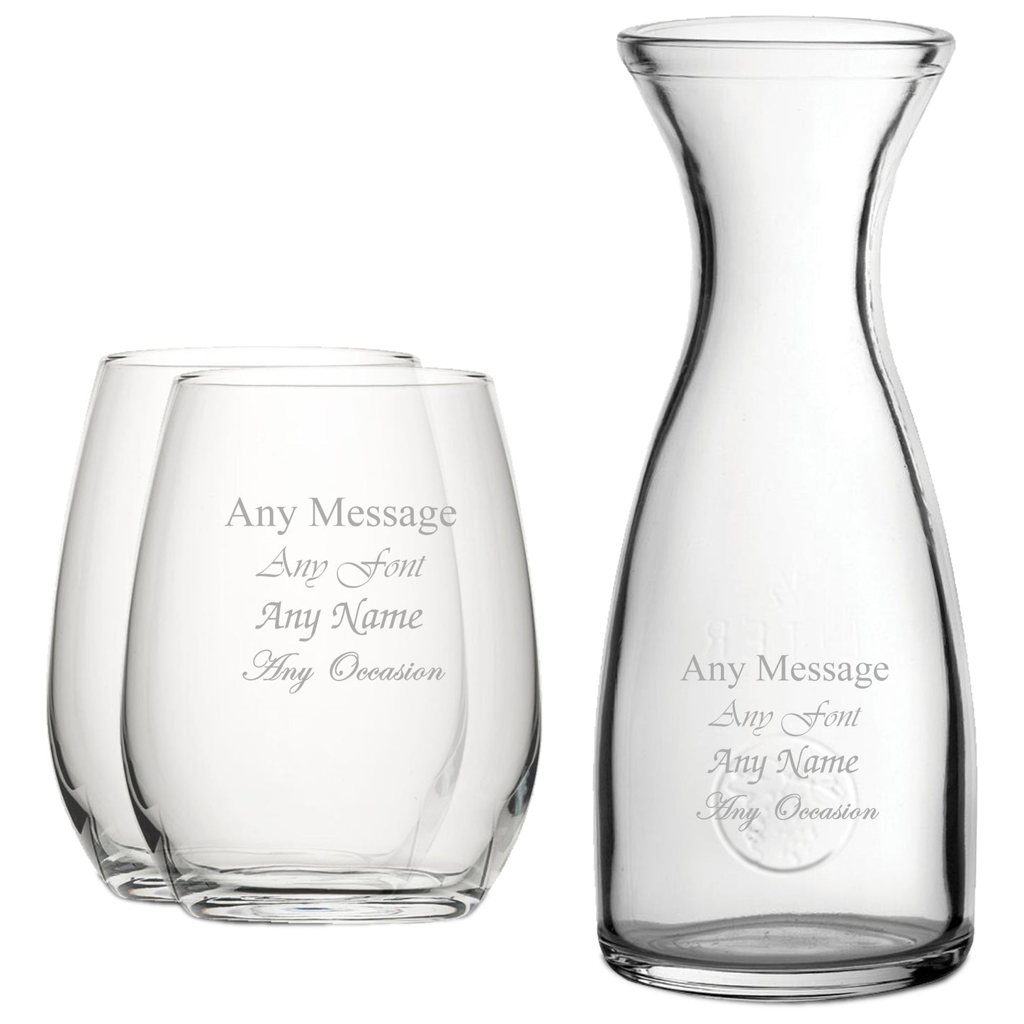 Personalised Engraved Set of 2 Stemless Wine Glass and 1 Litre Carafe Set