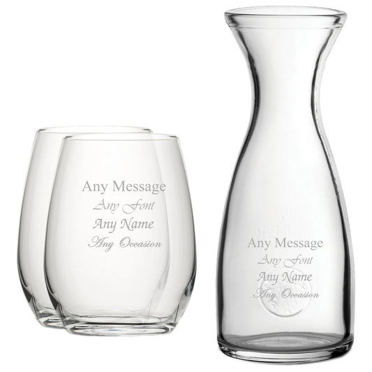 Personalised Engraved Set of 2 Stemless Wine Glass and 1 Litre Carafe Set
