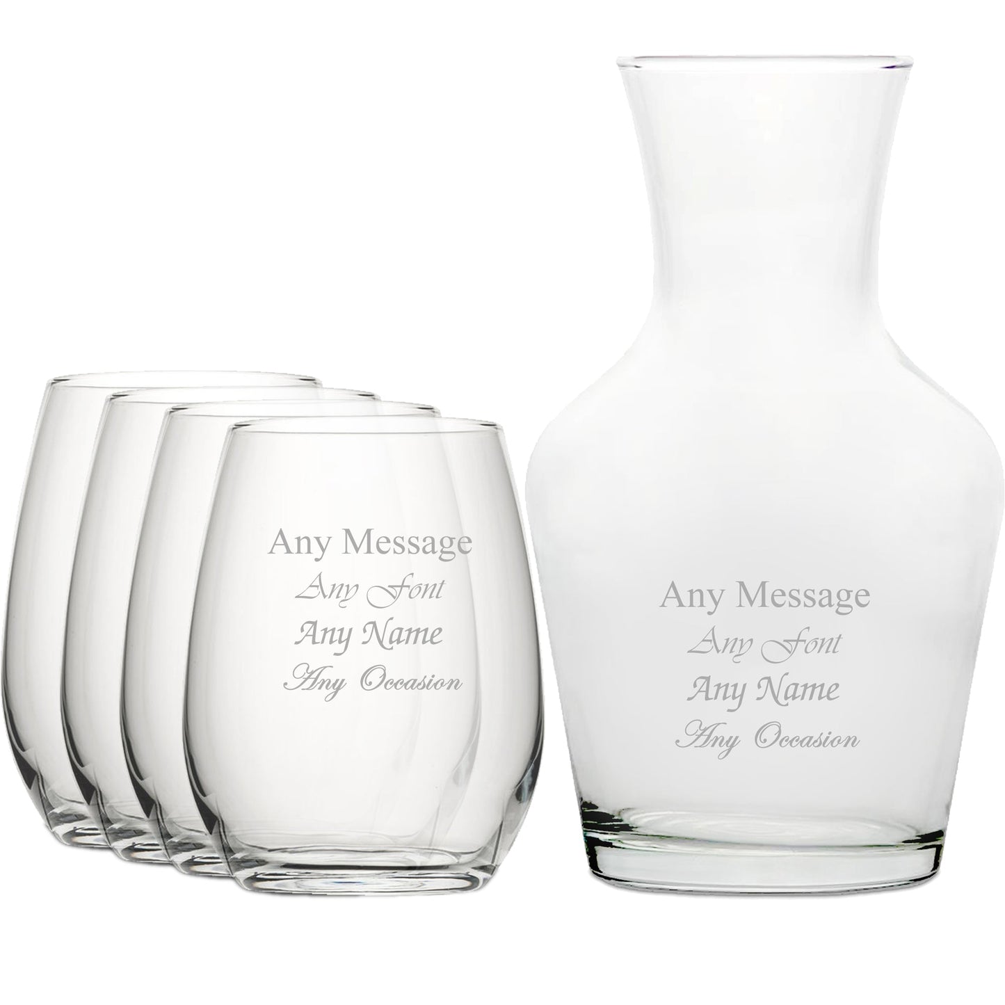 Personalised Engraved Set of 4 Stemless Wine Glass and 1 Litre Vin Carafe Set
