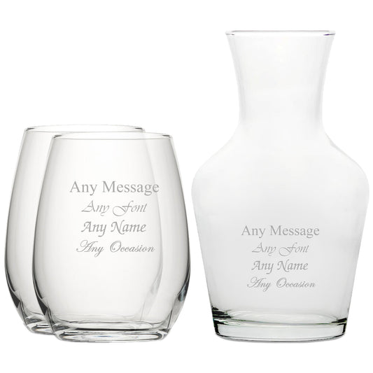 Personalised Engraved Set of 2 Stemless Wine Glass and 500ml Vin Carafe Set