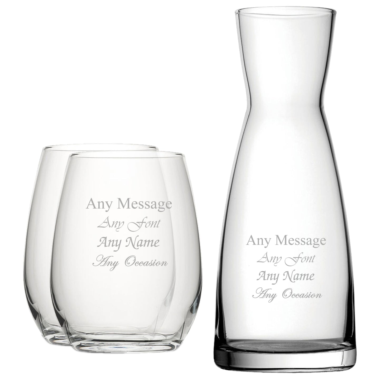 Personalised Engraved Set of 2 Stemless Wine Glass and Contemporary Carafe Set