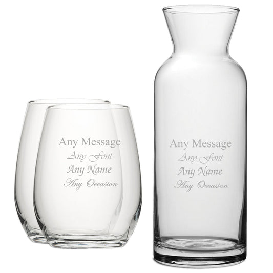 Personalised Engraved Set of 2 Stemless Wine Glass and Village Carafe Set