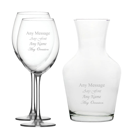 Personalised Engraved Set of 2 Enoteca Wine Glass and 1 Litre Vin Carafe Set