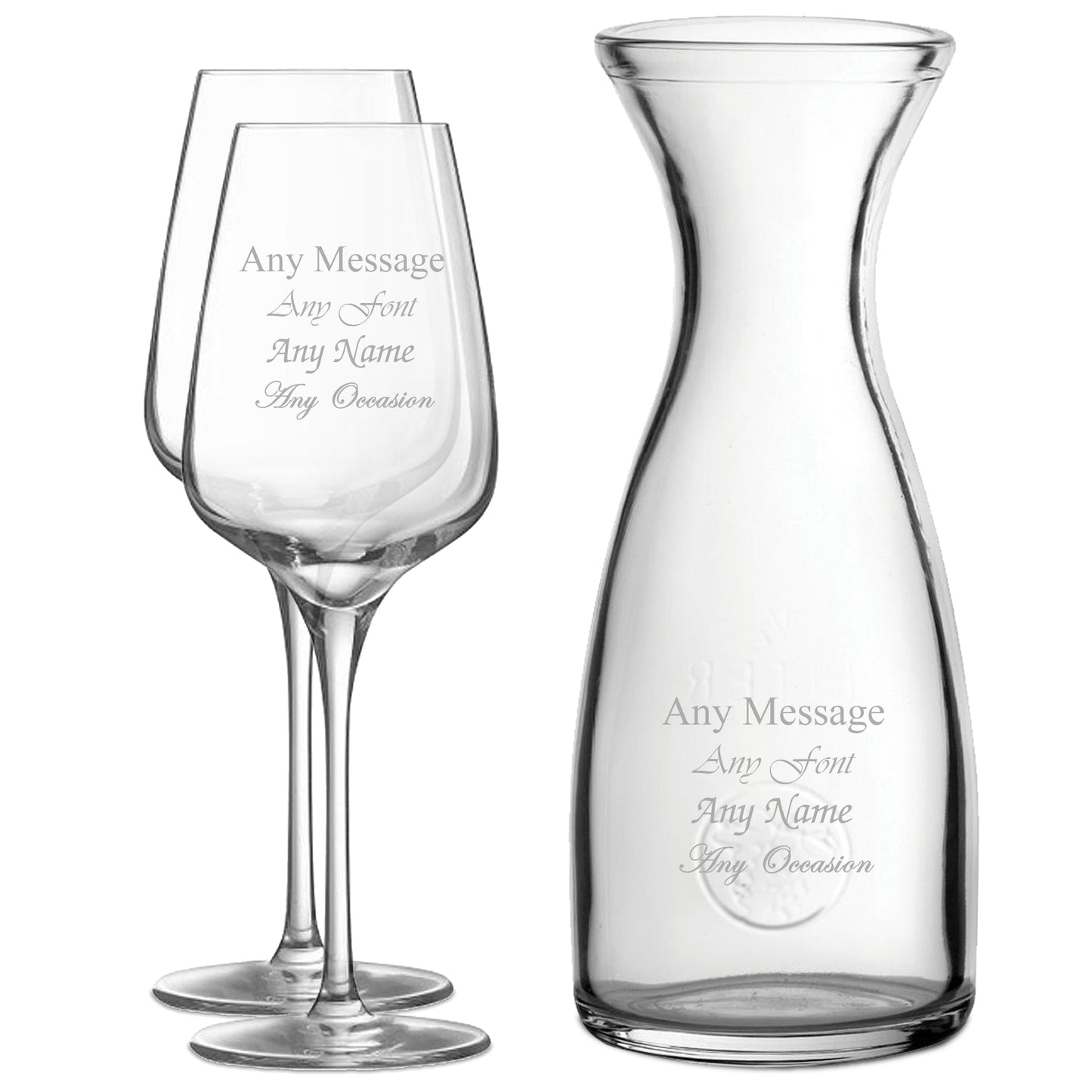 Personalised Engraved Set of 2 Sublym Wine Glass and 1 Litre Carafe Set