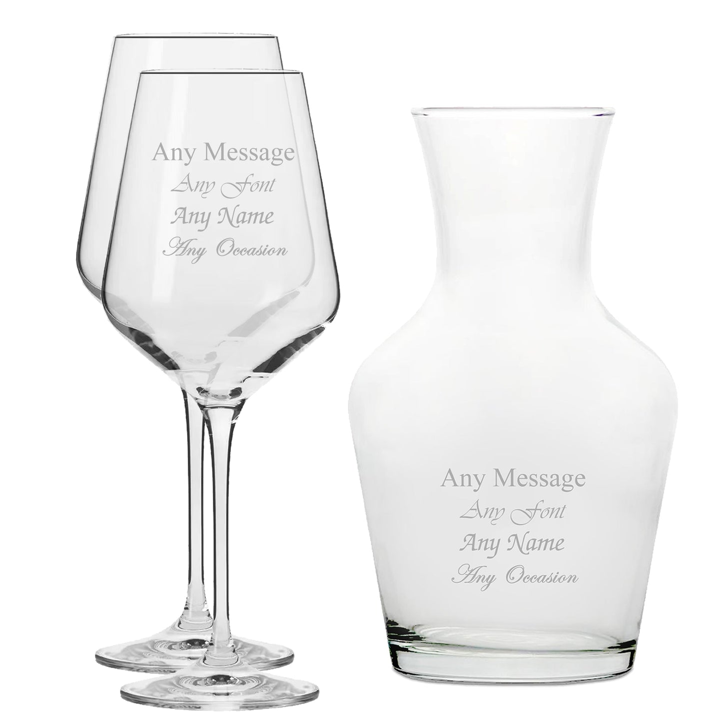 Personalised Engraved Set of 2 Infinity Wine Glass and 1 Litre Vin Carafe Set