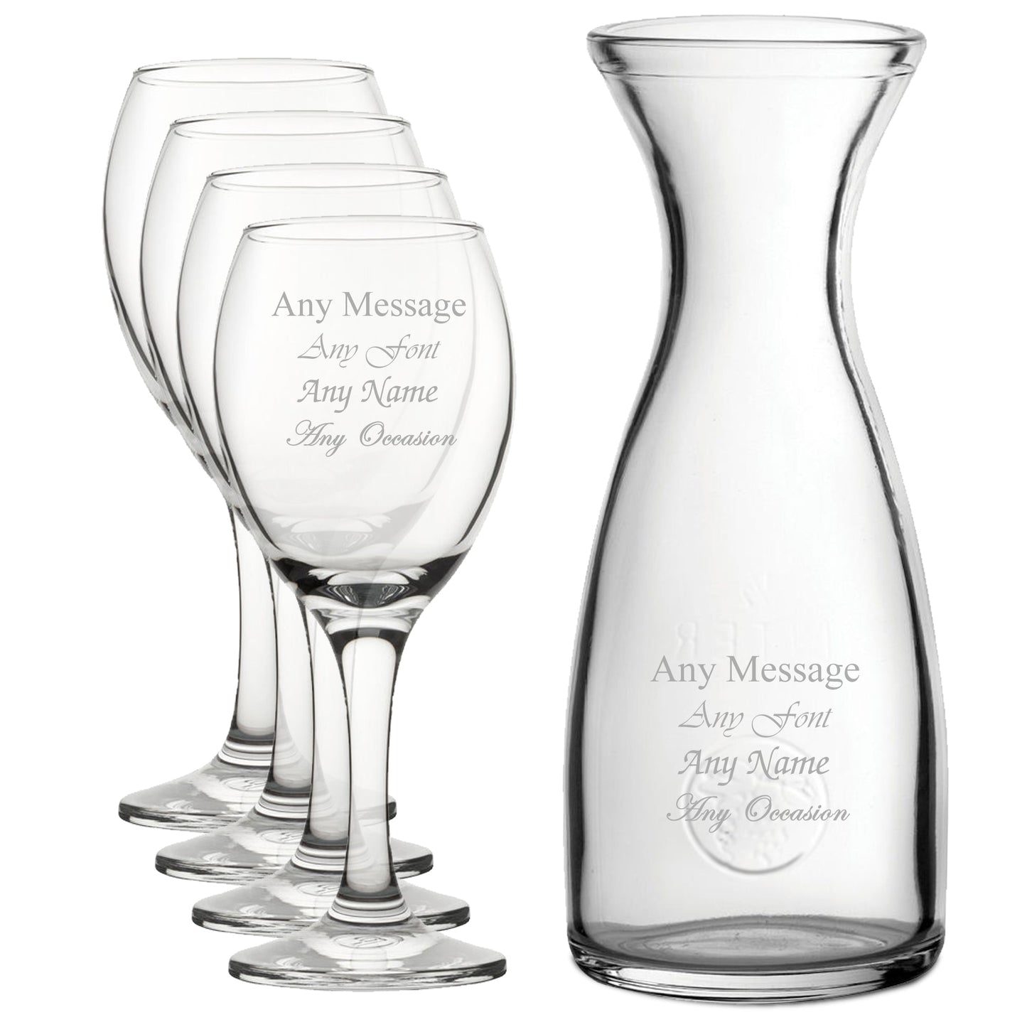 Personalised Engraved Set of 4 Pure Wine Glass and 1 Litre Carafe Set