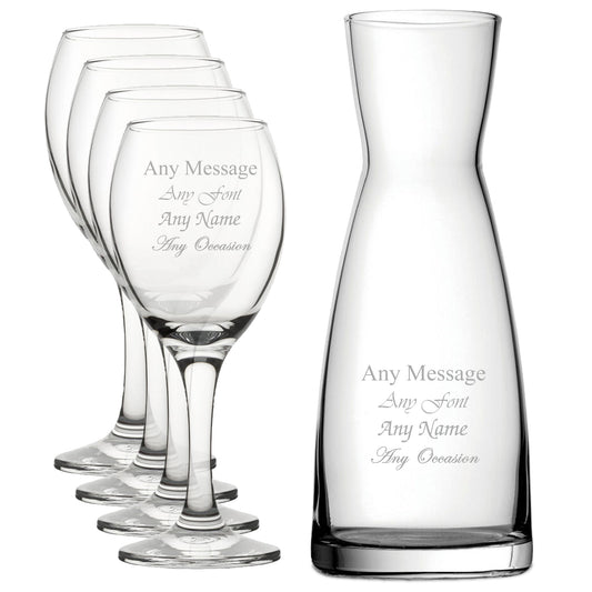 Personalised Engraved Set of 4 Pure Wine Glass and Contemporary Carafe Set