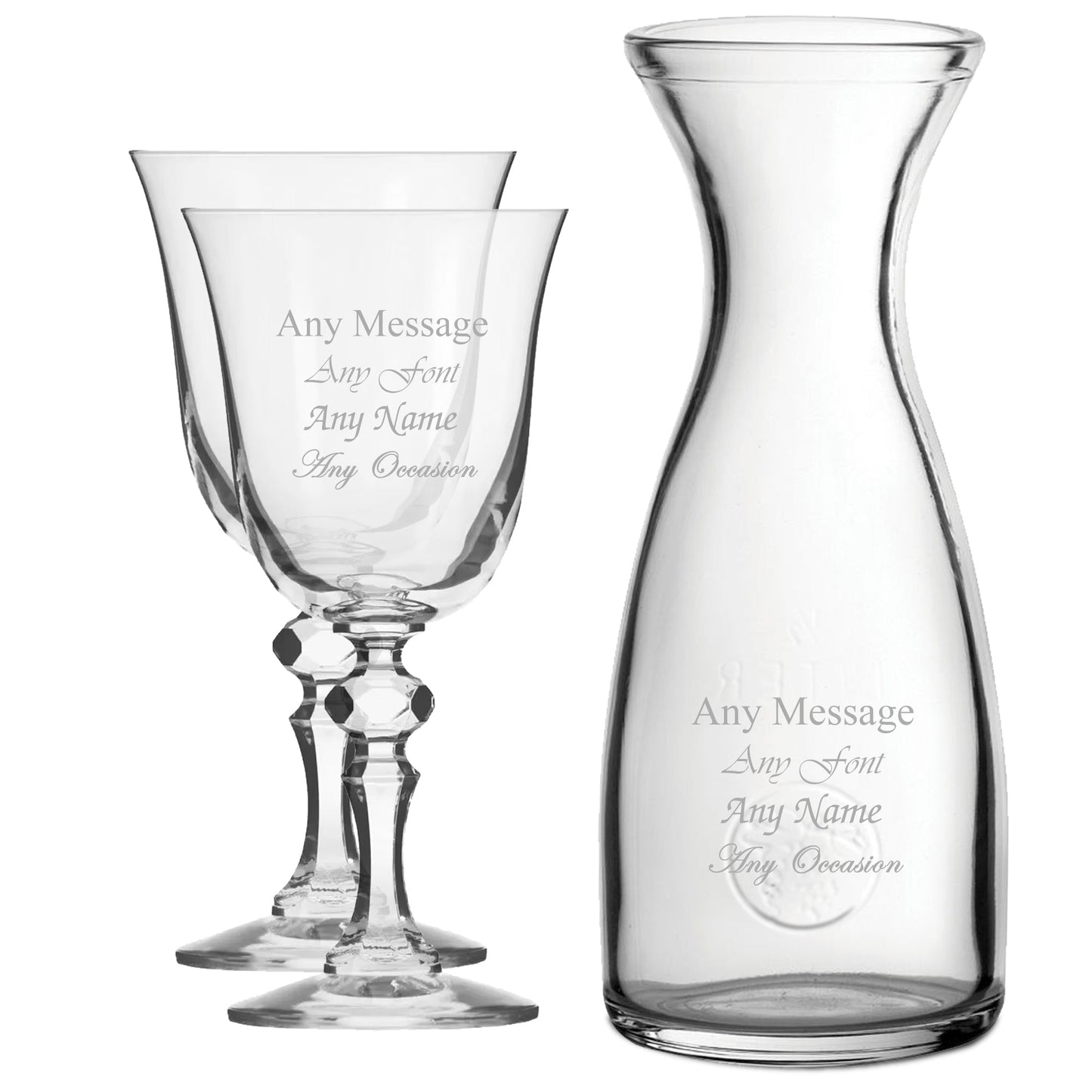 Personalised Engraved Set of 2 Crystal Jasmine Wine Glass and 1 Litre Carafe Set