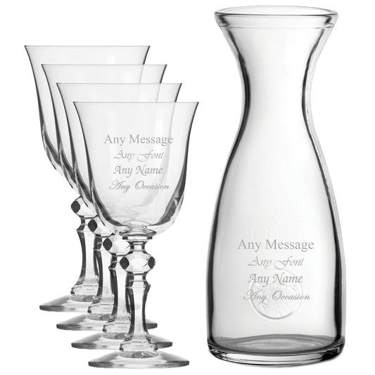 Personalised Engraved Set of 4 Crystal Jasmine Wine Glass and 1 Litre Carafe Set