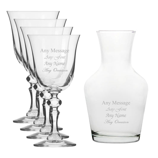 Personalised Engraved Set of 4 Crystal Jasmine Wine Glass and 500ml Vin Carafe Set