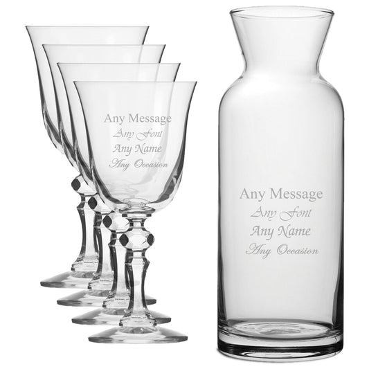 Personalised Engraved Set of 4 Crystal Jasmine Wine Glass and Village Carafe Set