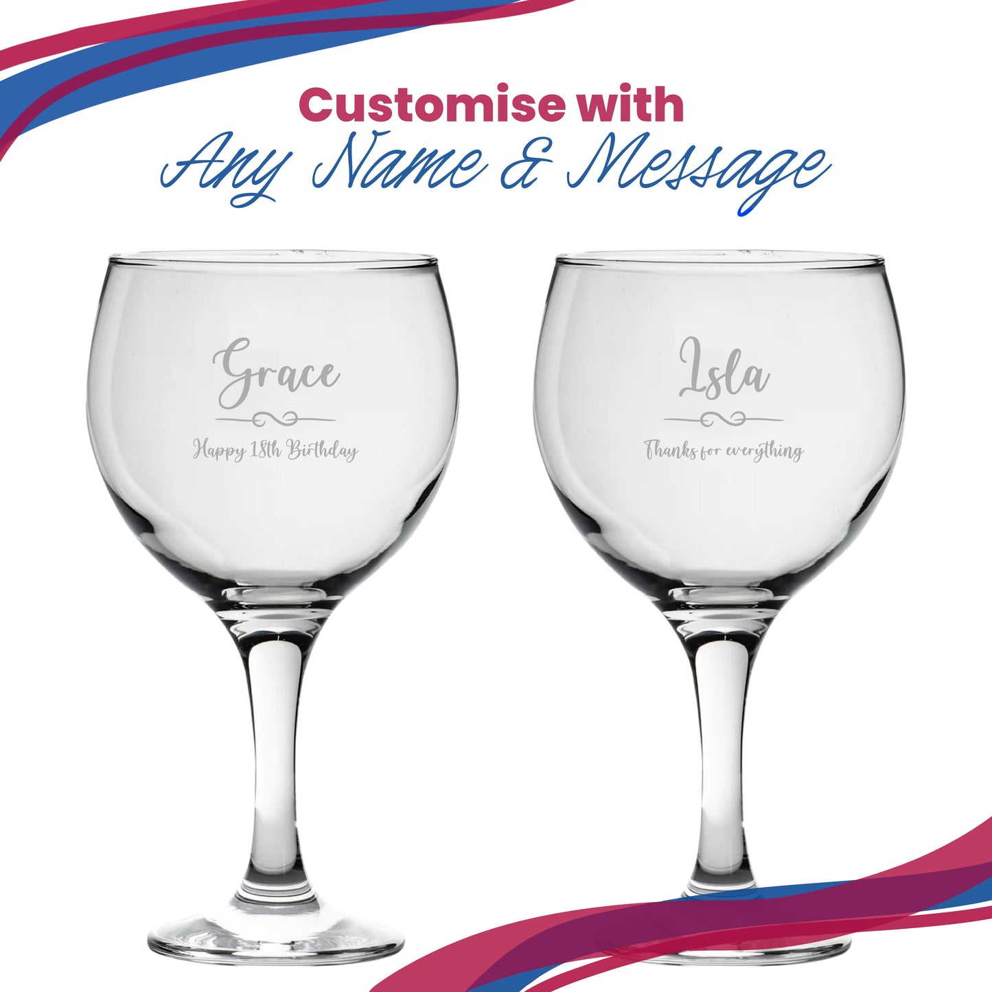Engraved Gin Balloon Glass with Flourish Design, Personalise with Any Name and Message