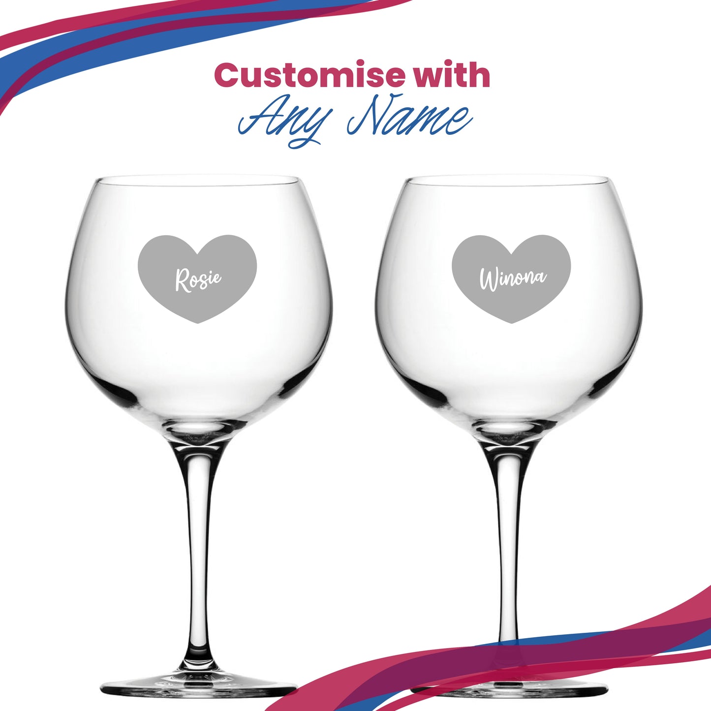 Engraved Primeur Gin Balloon Cocktail Glass with Name in Heart Design, Personalise with Any Name