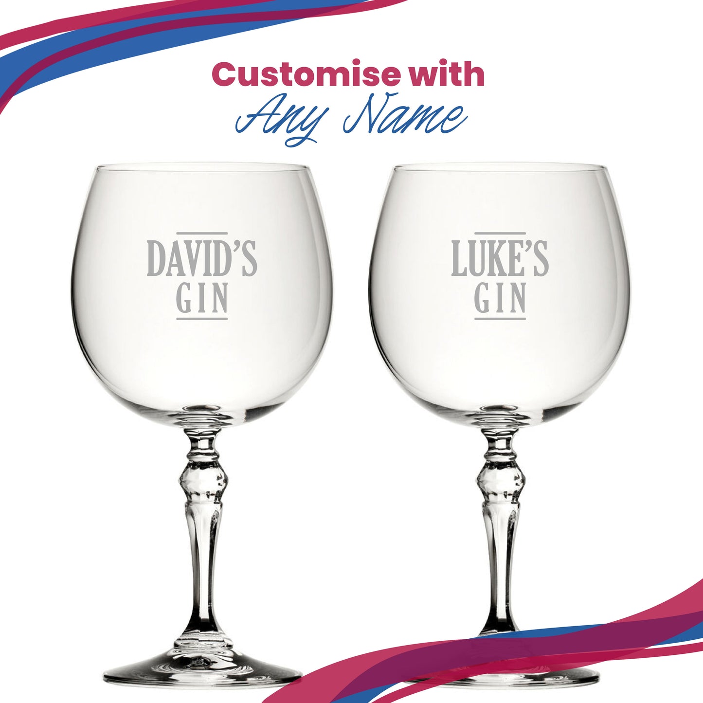 Engraved Gin Balloon and Tumbler Cocktail Glasses with Personalised Designs and Gift Box