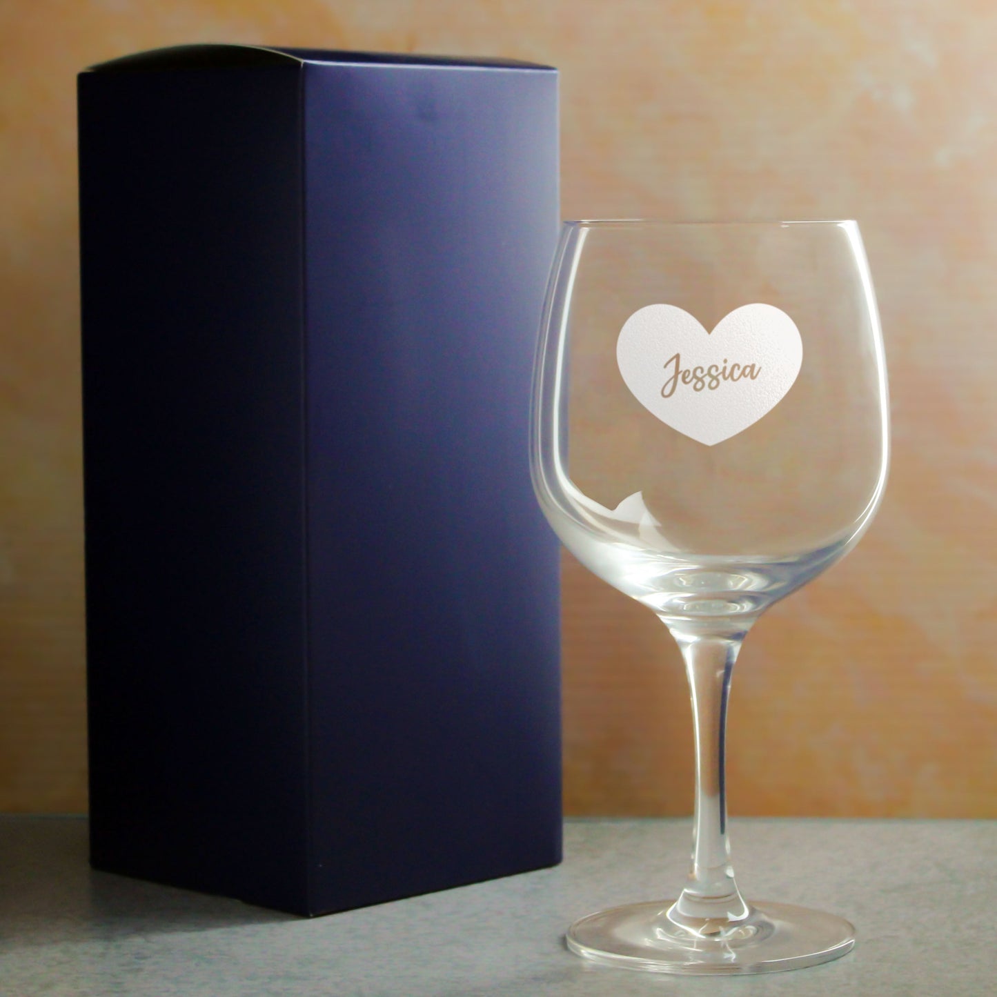 Engraved Spanish Gin Copa Balloon Cocktail Glass with Name in Heart Design, Personalise with Any Name