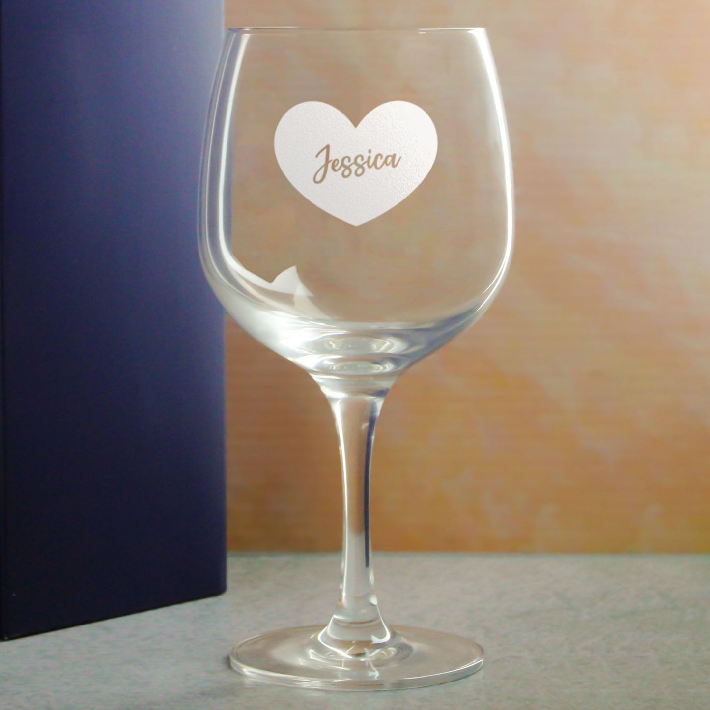 Engraved Spanish Gin Copa Balloon Cocktail Glass with Name in Heart Design, Personalise with Any Name
