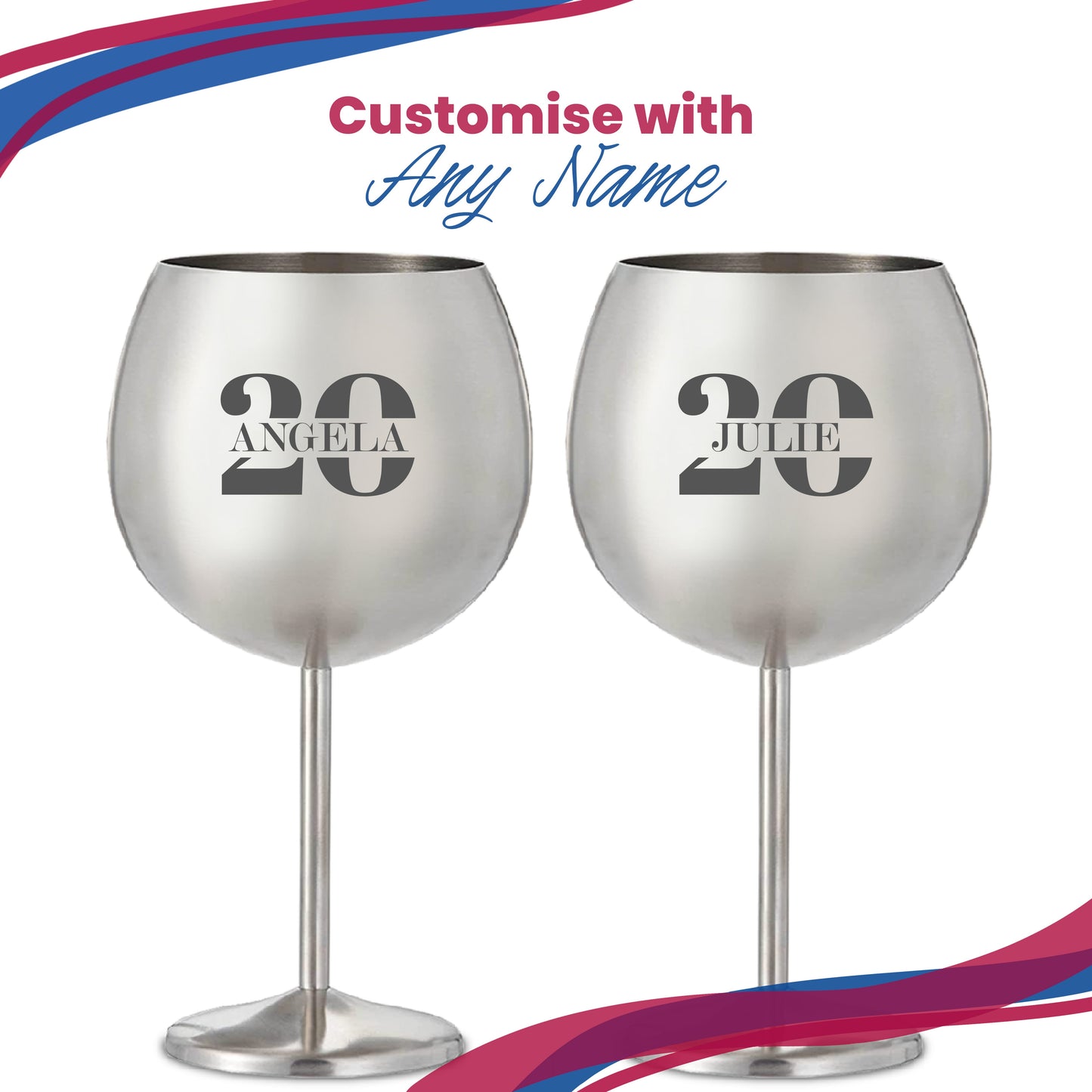 Engraved Metal Gin Balloon Cocktail Glass with Name in 20 Design