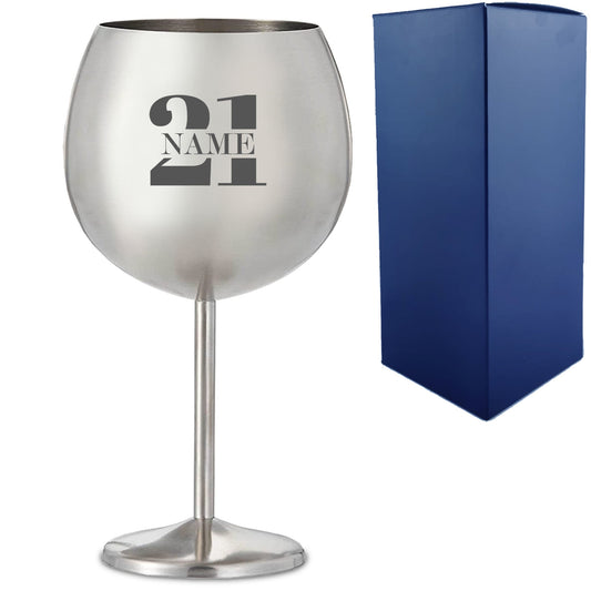 Engraved Metal Gin Balloon Cocktail Glass with Name in 21 Design