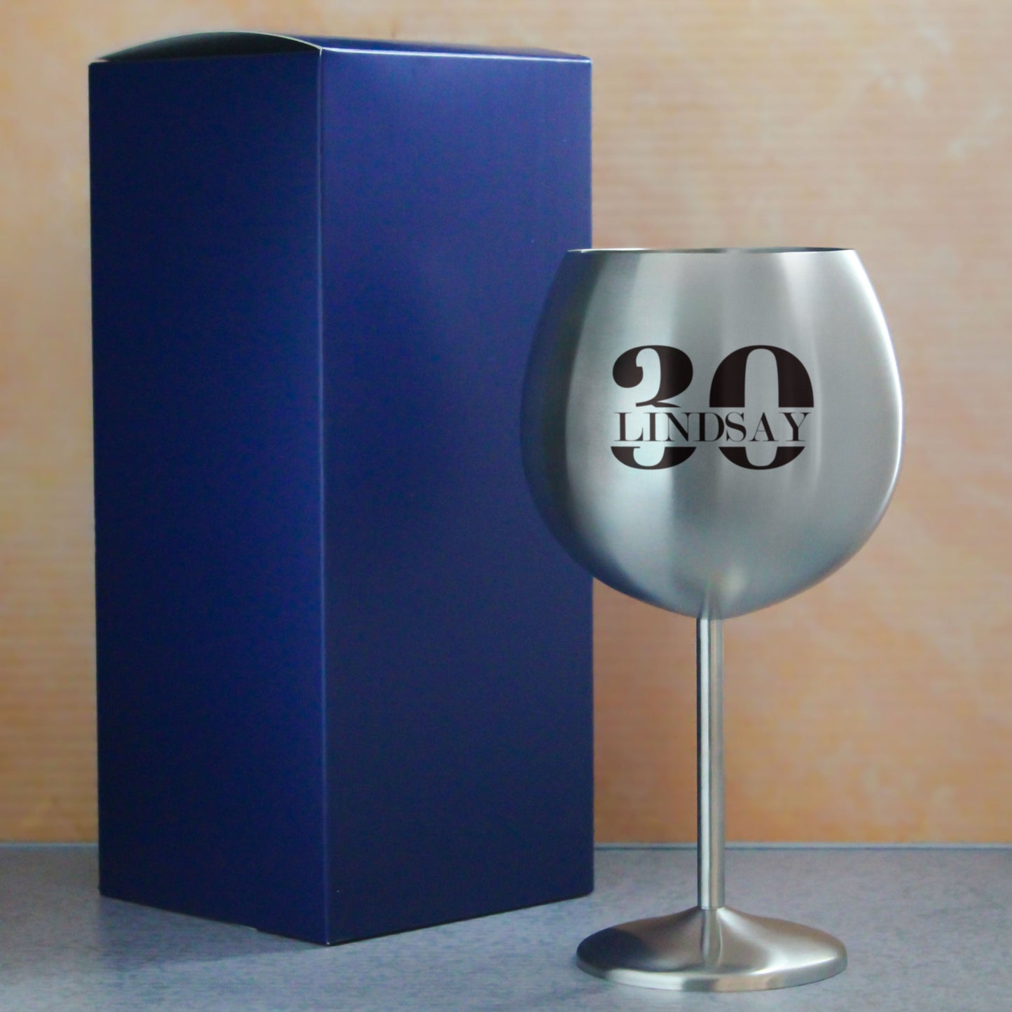 Engraved Metal Gin Balloon Cocktail Glass with Name in 30 Design