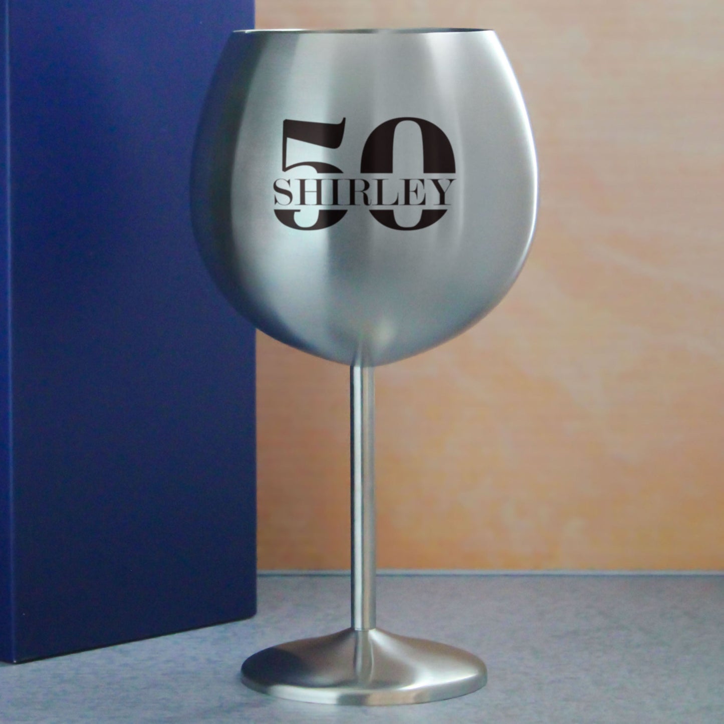 Engraved Metal Gin Balloon Cocktail Glass with Name in 50 Design